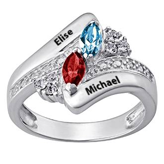 Personalized Sterling Silver Couple's Crystal Marquise Birthstone Name Ring